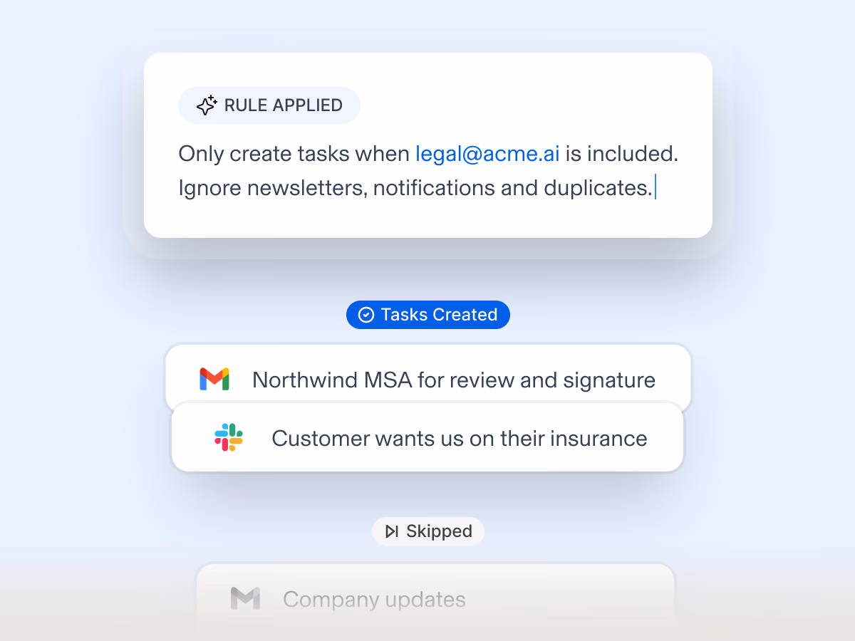 A plain-language Wordsmith rule creating Tasks from qualifying email and Slack requests